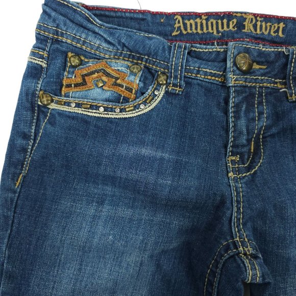 Antique Rivet Jeans BootCut Western Low Rise Sz 29 Rhinestone Stretch Distressed - Picture 13 of 14